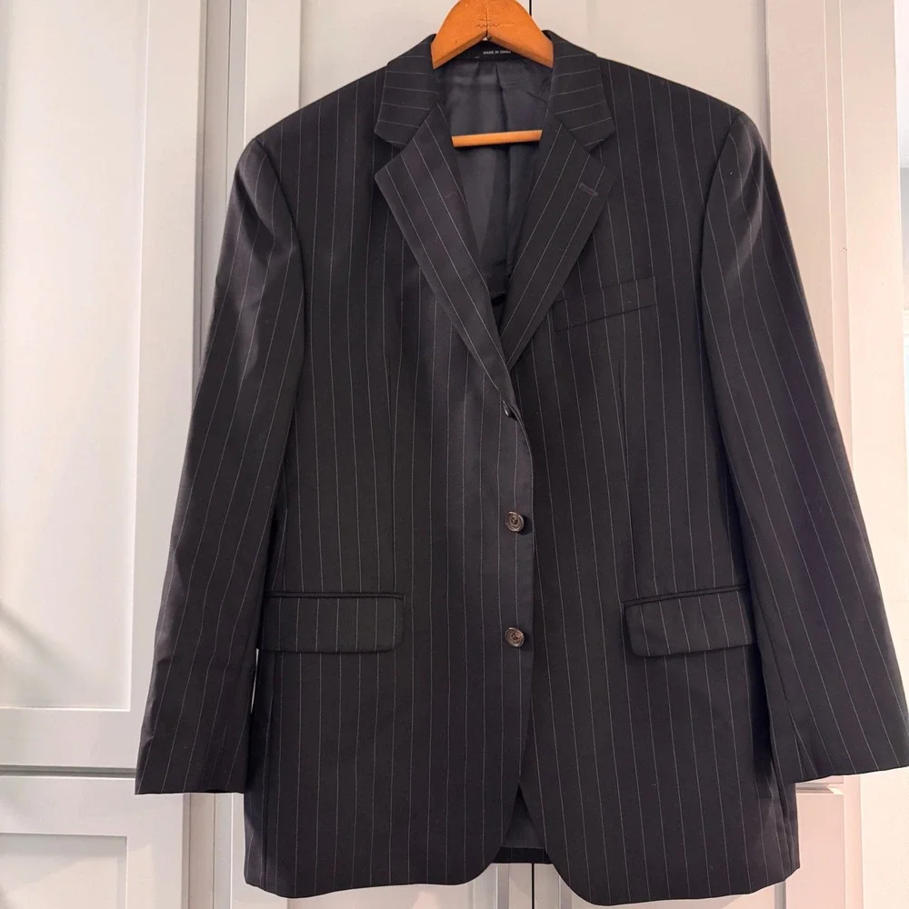 Ralph Lauren Mens 42R Pinstripe Wool Suit Jacket Blazer Navy Blue 3 Button